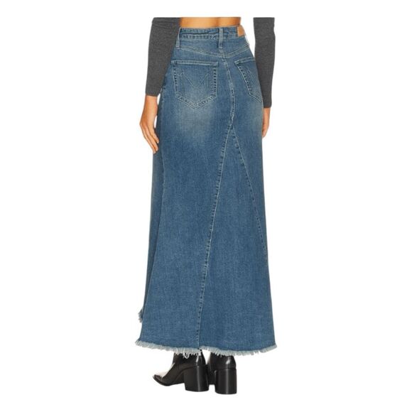 Show Me Your Mumu Reba Jeans Maxi Skirt Blue Denim Distressed Front Slit 26 - Picture 4 of 8